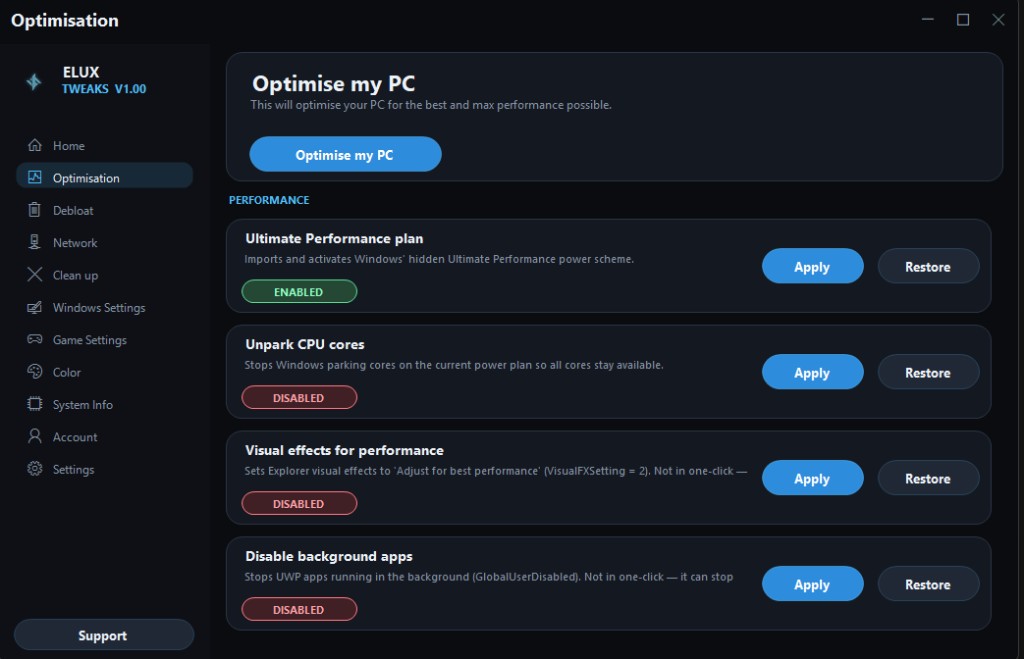 Optimisation panel